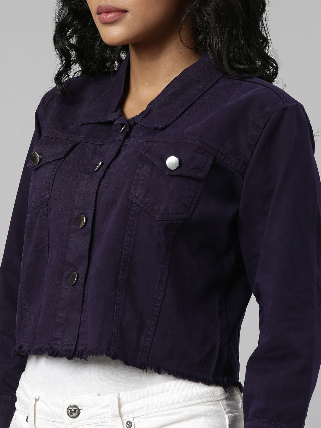 Violet Spread Collar Crop Denim Jacket