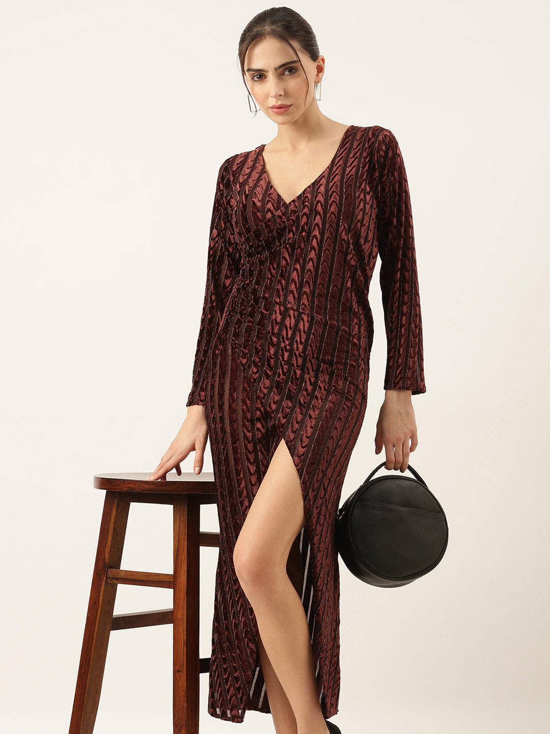 Brown Velvet Bodycon Midi Dress