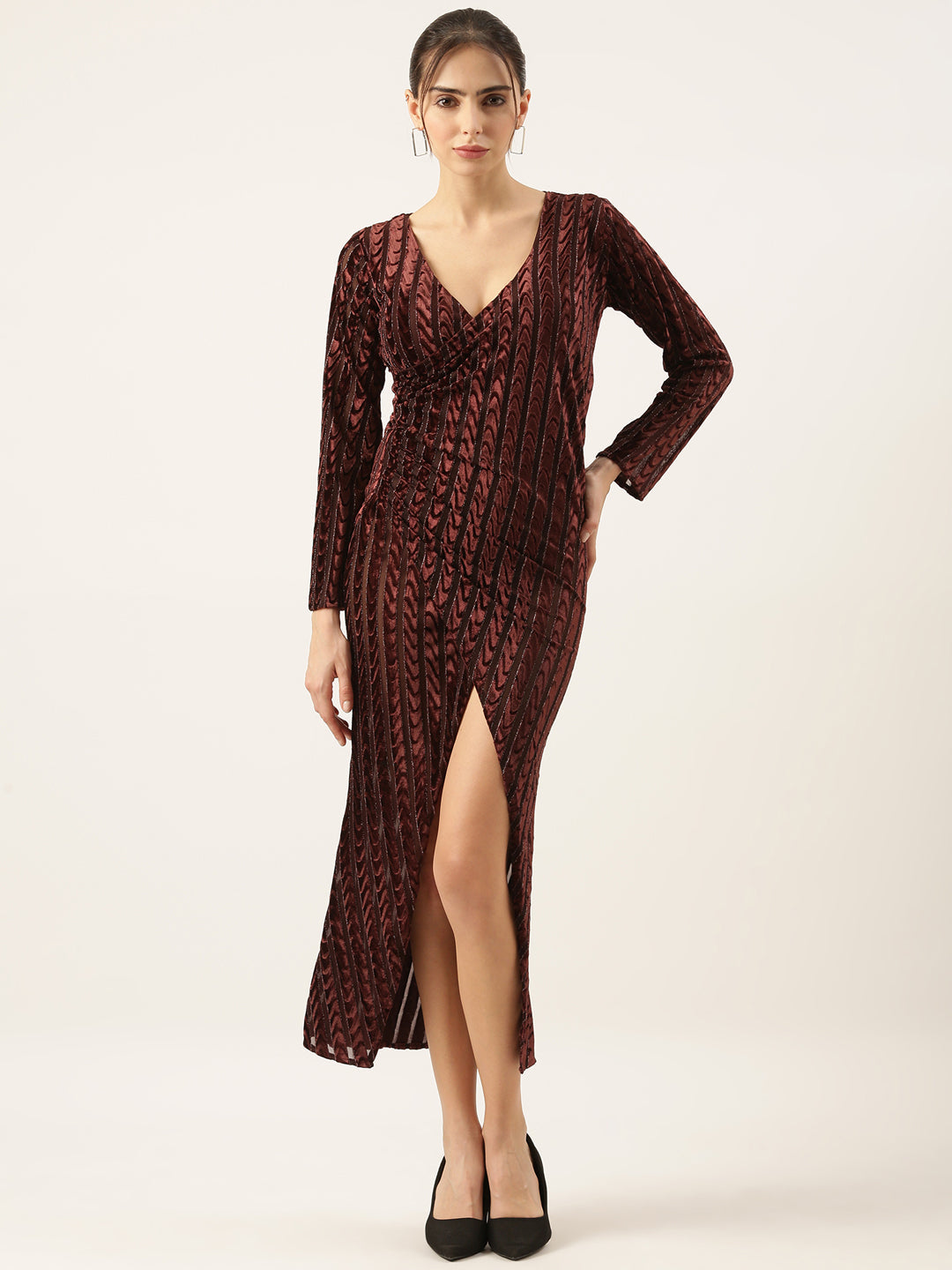Brown Velvet Bodycon Midi Dress