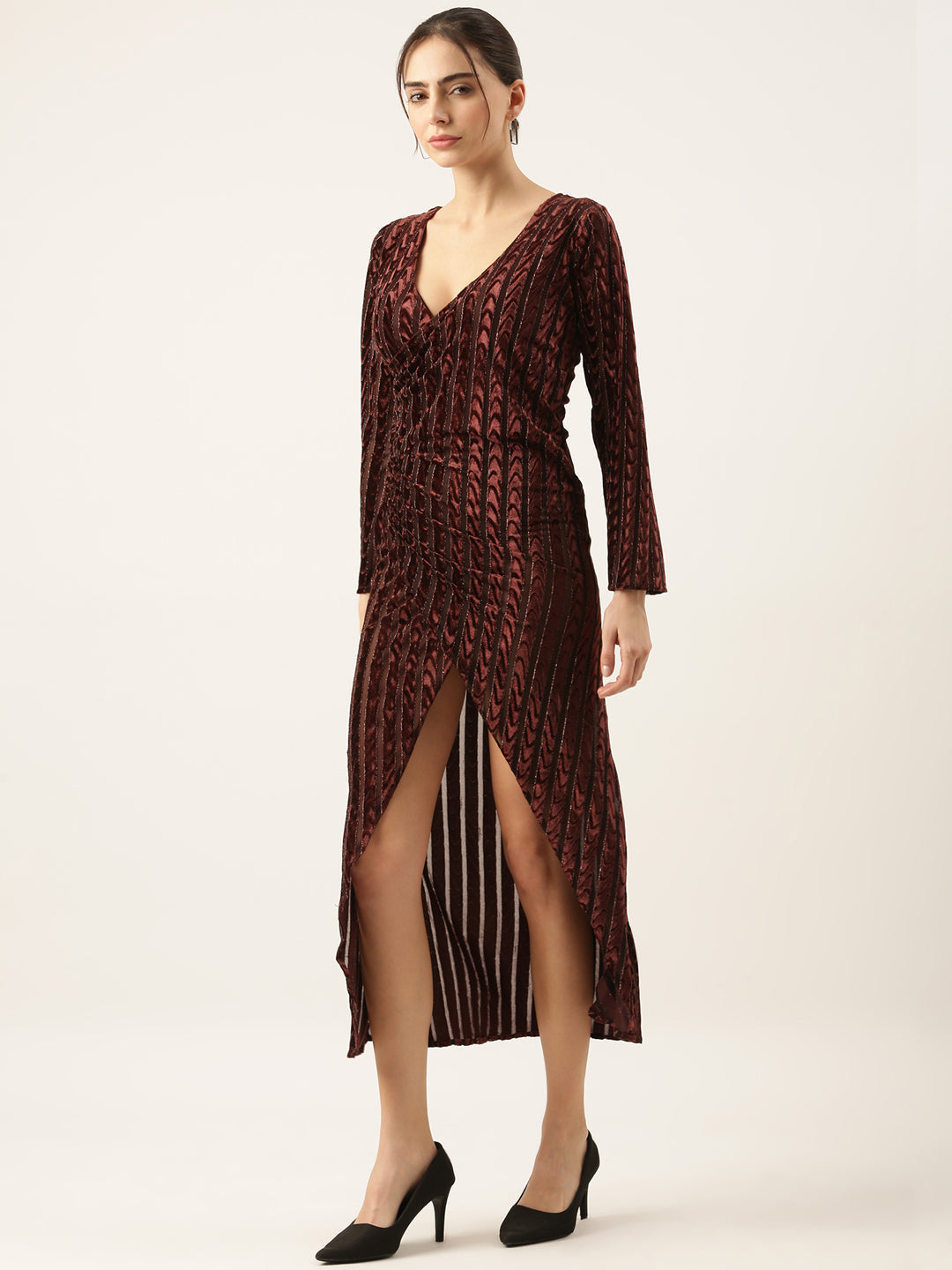 Brown Velvet Bodycon Midi Dress