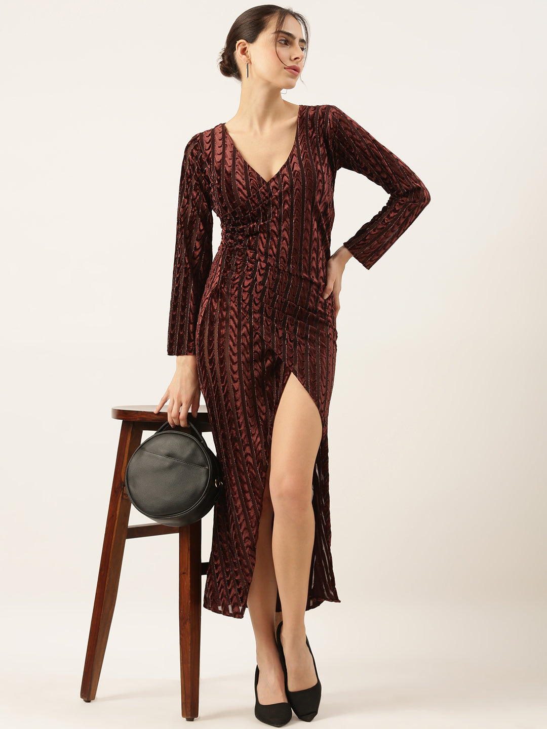 Brown Velvet Bodycon Midi Dress