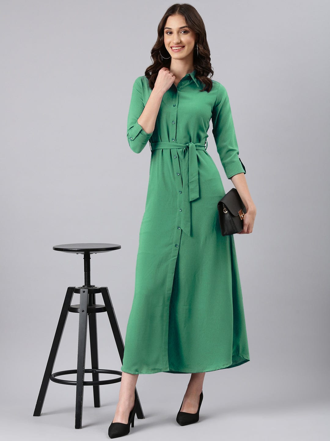 Green Shirt Style Dress with Buttons & Waist Tie-Up