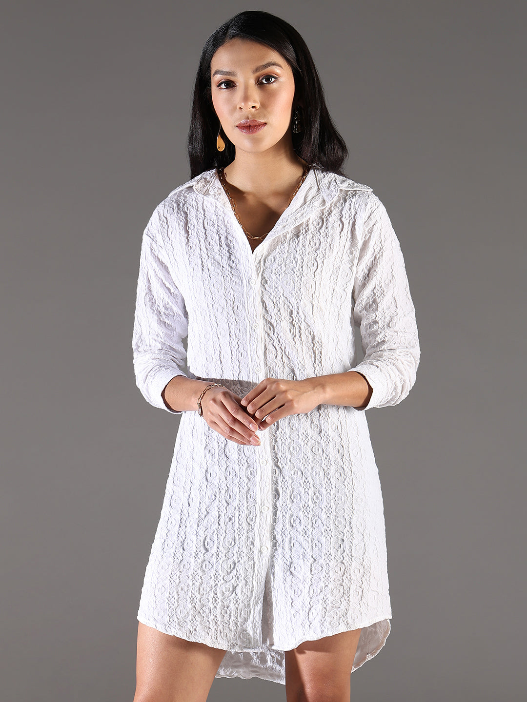 White Self Design Cotton Shirt Dress