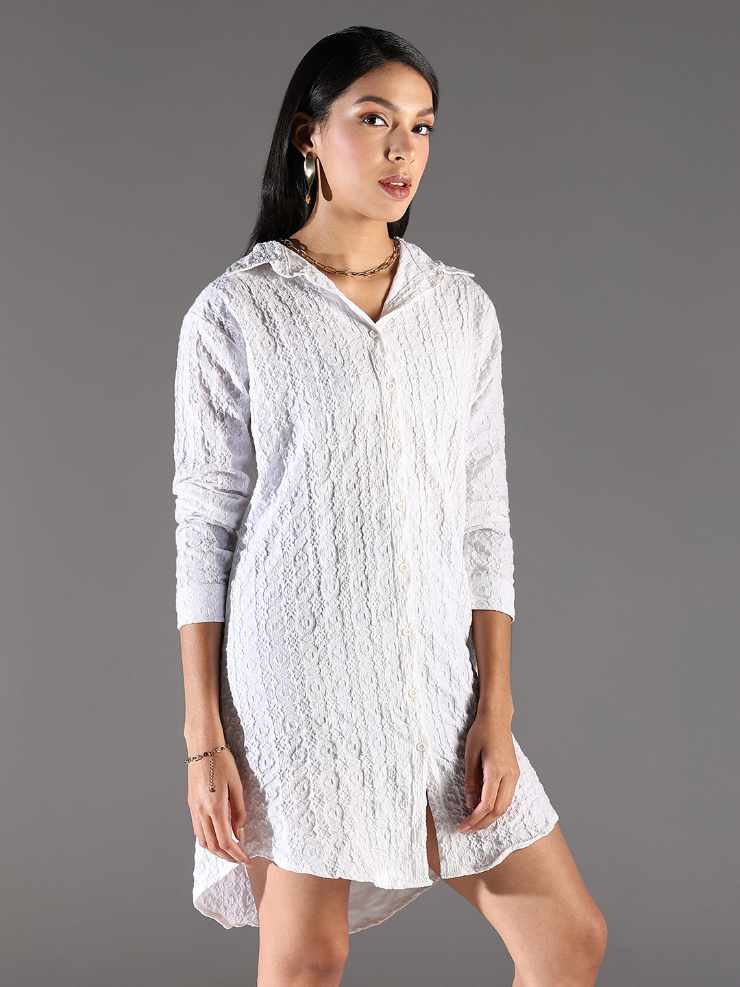 White Self Design Cotton Shirt Dress