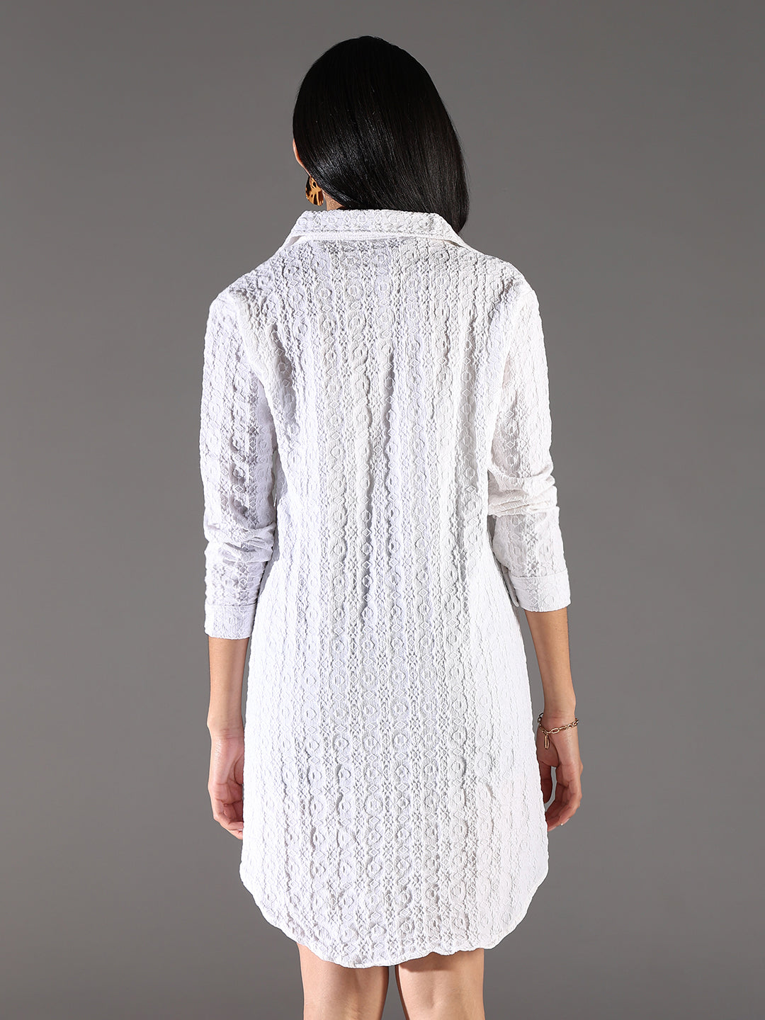 White Self Design Cotton Shirt Dress