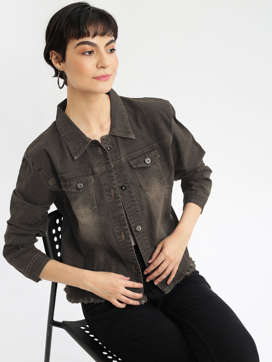 Spread Collar Brown Solid Denim Jacket