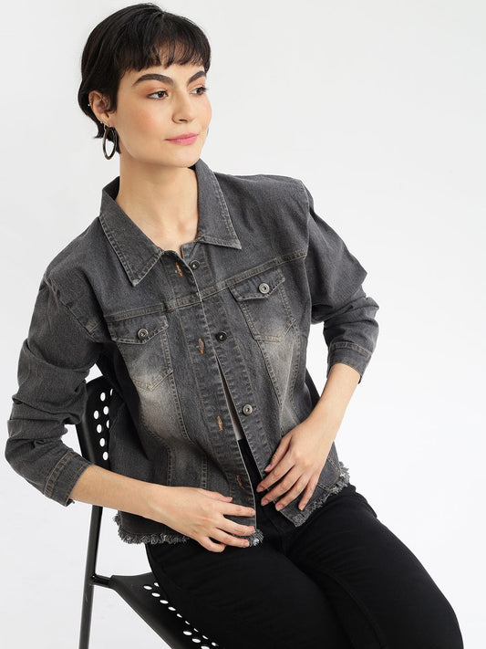 Grey Washed Windcheater Crop Denim Jacket