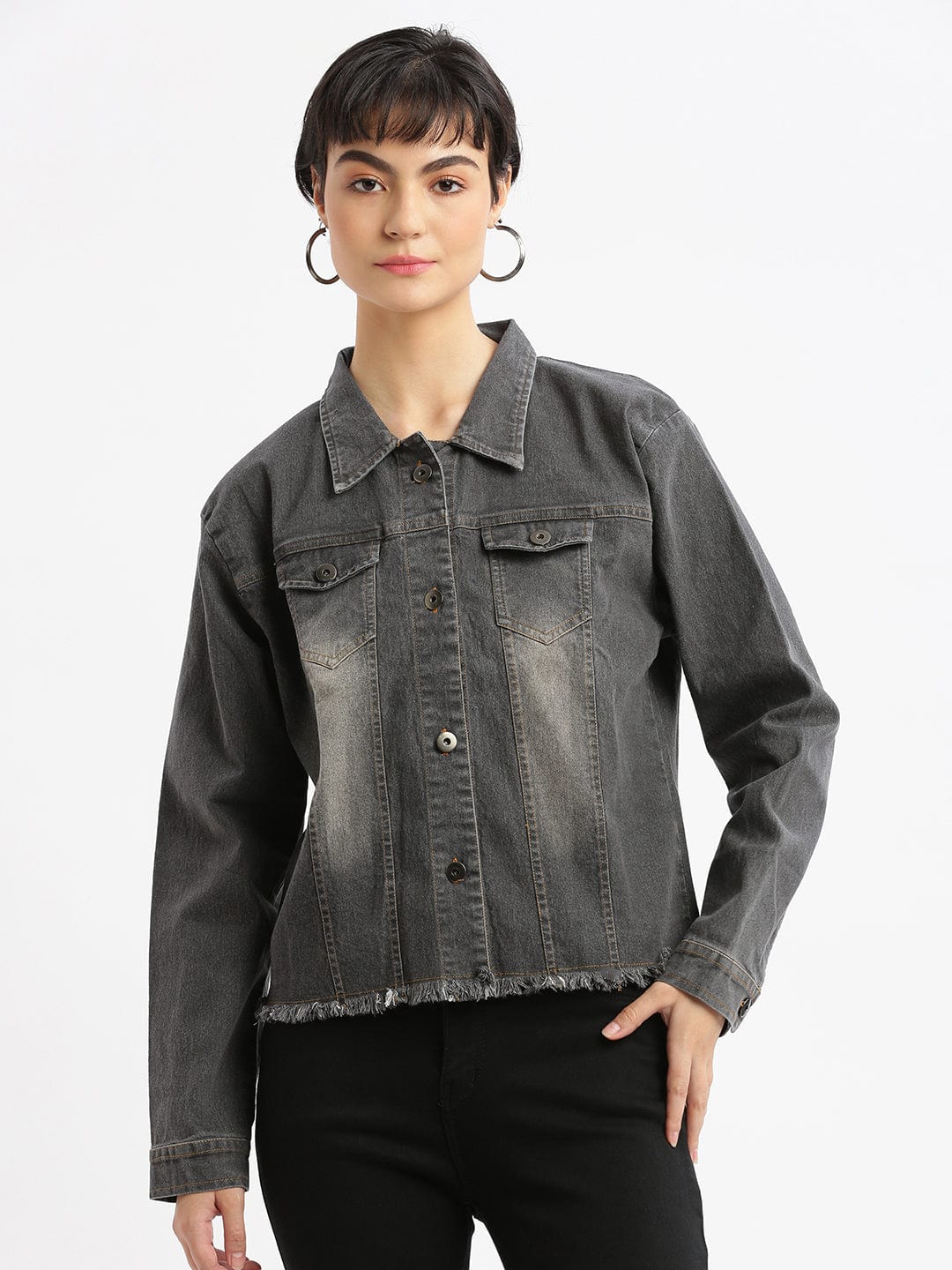 Grey Washed Windcheater Crop Denim Jacket