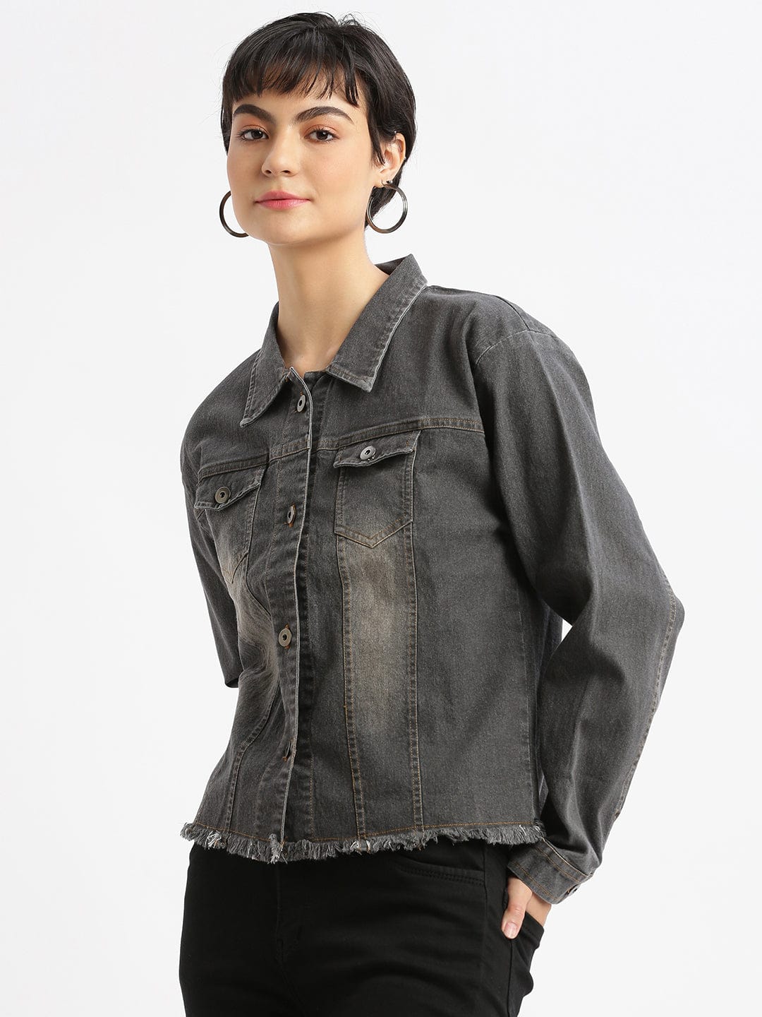 Grey Washed Windcheater Crop Denim Jacket
