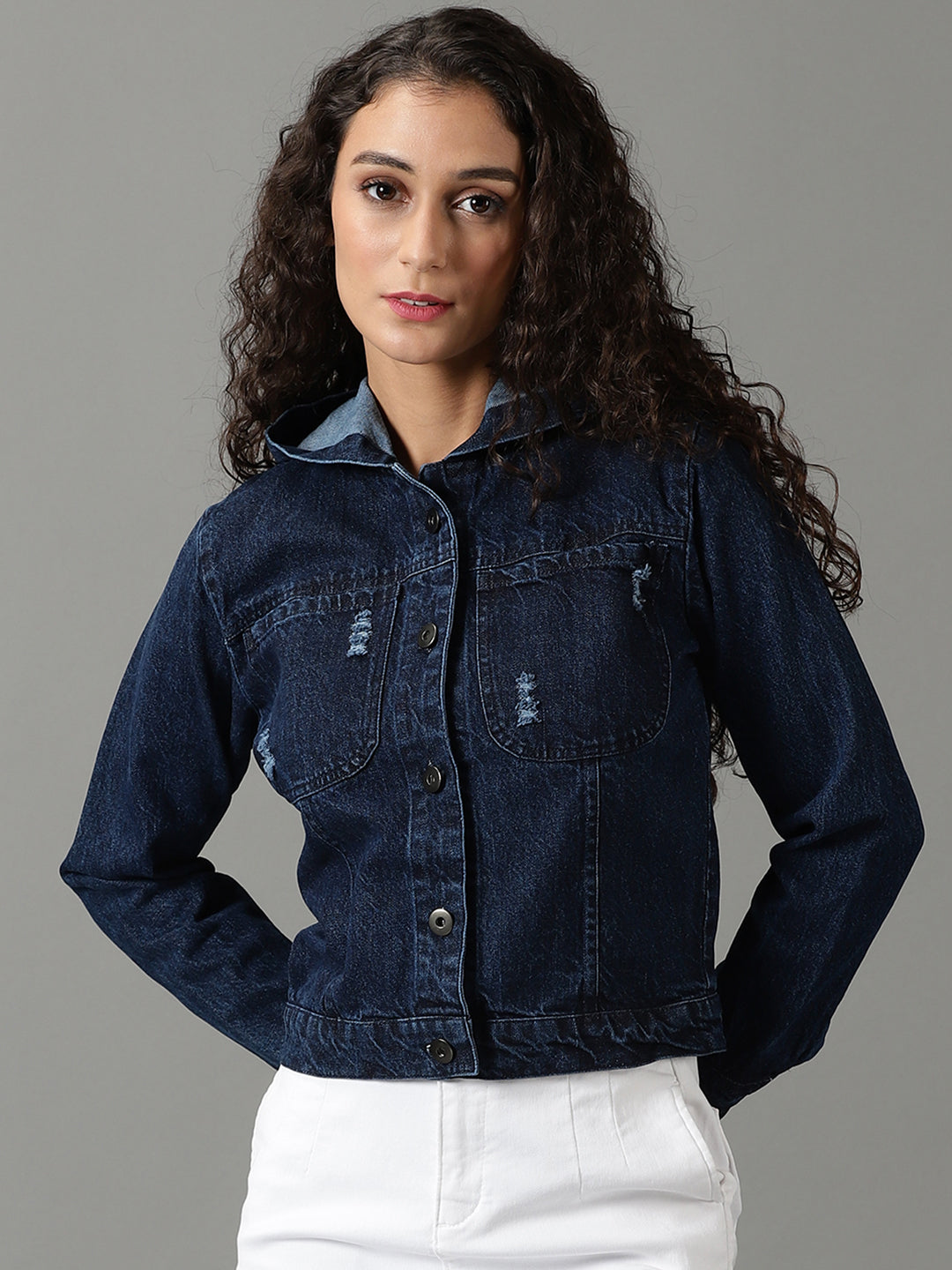 Navy Blue Washed Crop Denim Jacket