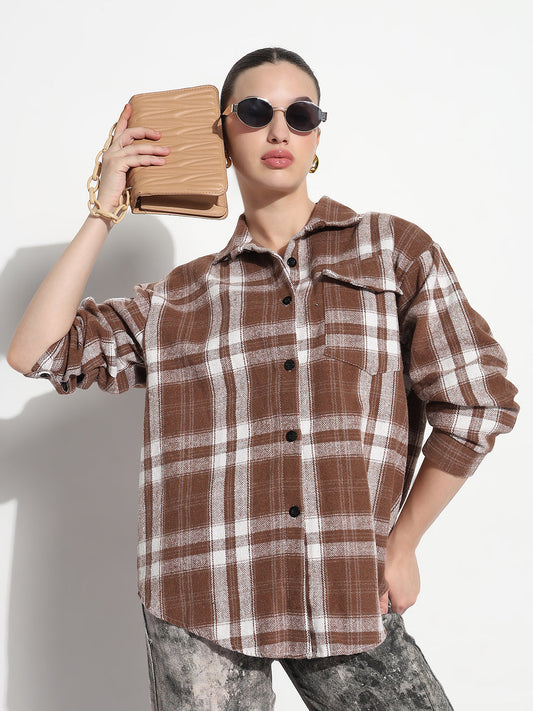 Women's Tartan Checks Brown Oversized Shirt with Flap Pocket