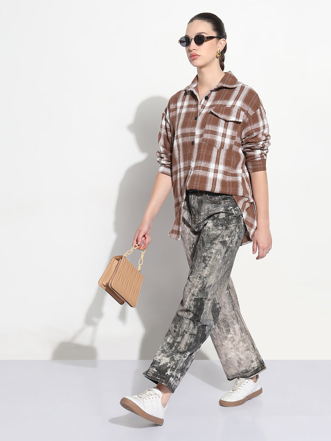 Women's Tartan Checks Brown Oversized Shirt with Flap Pocket