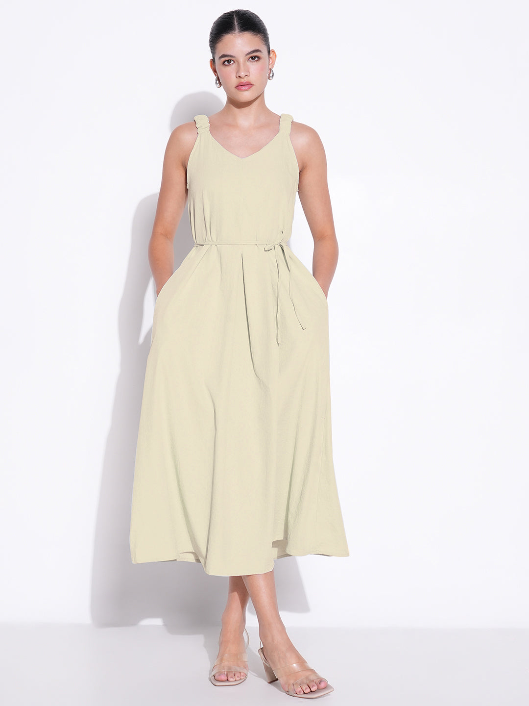 Beige Solid Fit and Flare Dress