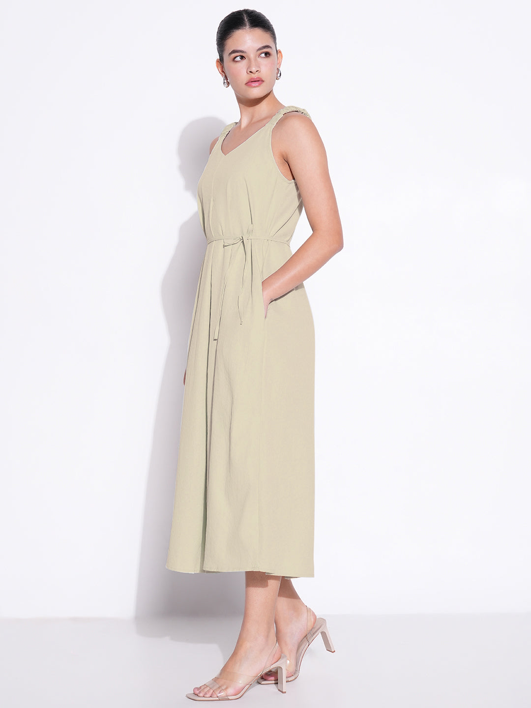 Beige Solid Fit and Flare Dress