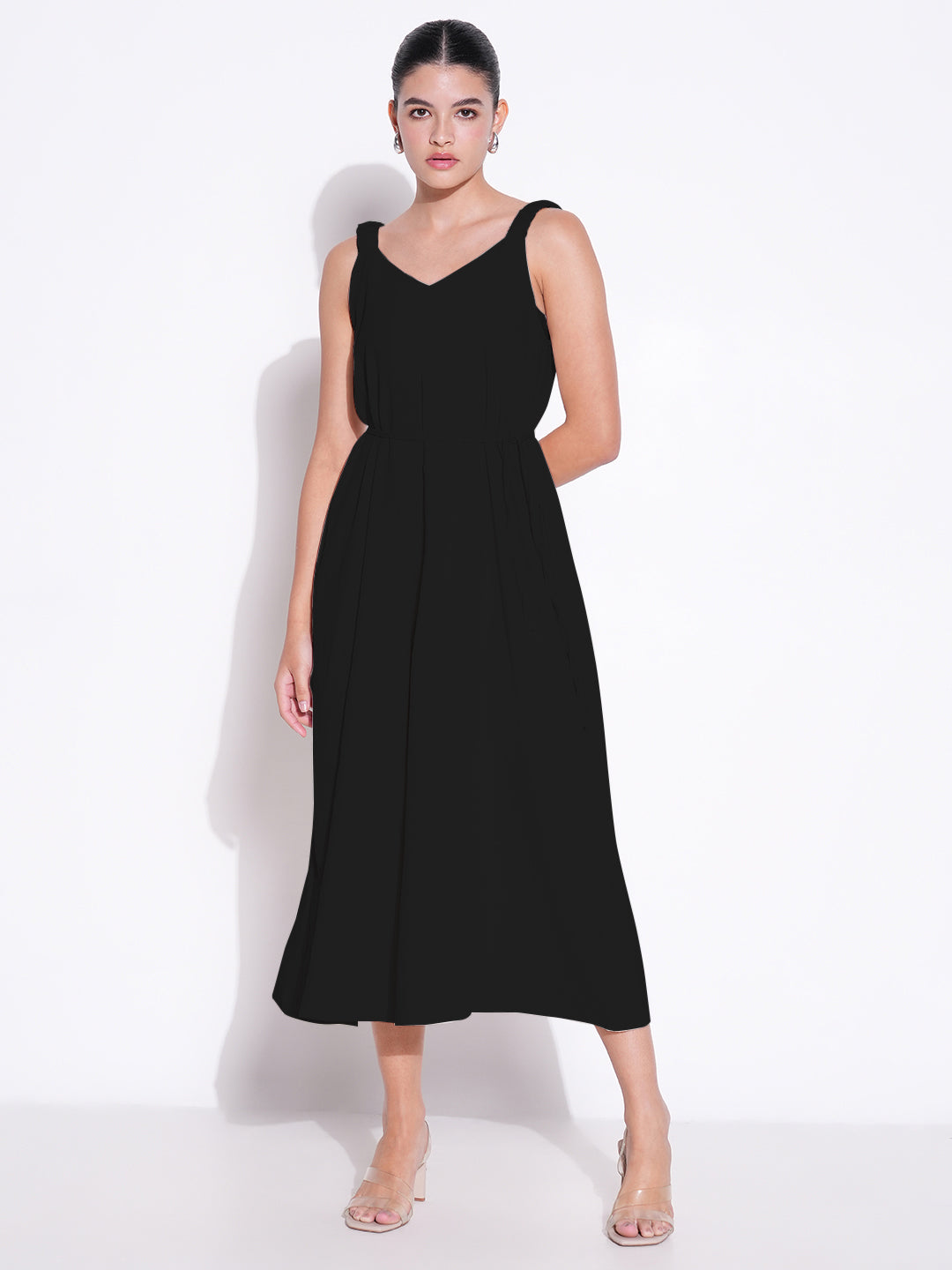 Black Solid Fit and Flare Dress