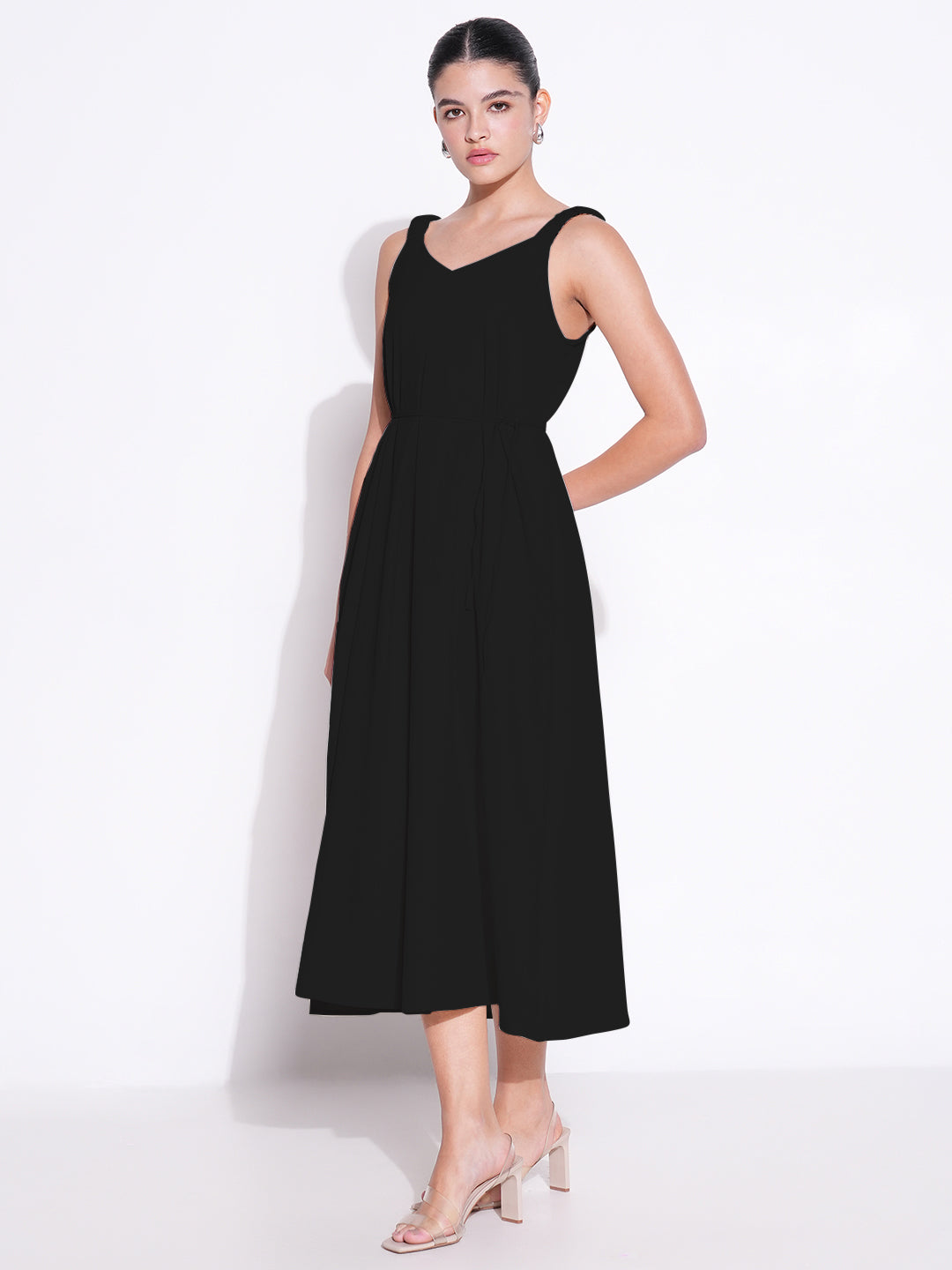 Black Solid Fit and Flare Dress