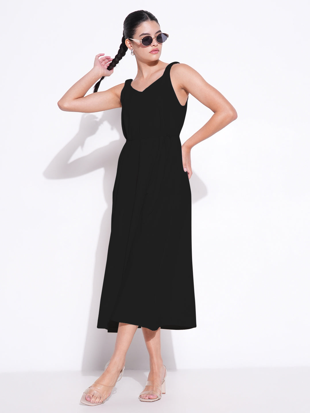 Black Solid Fit and Flare Dress