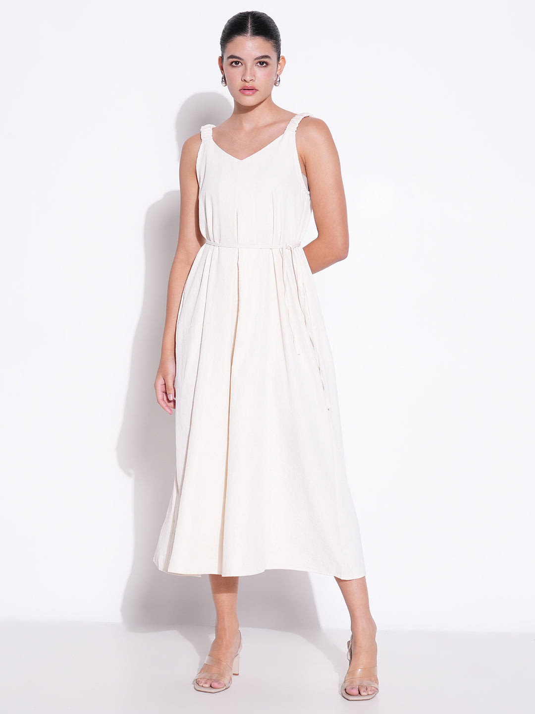 Ruched Shoulder Cream Slip On Dress with Waist Tie