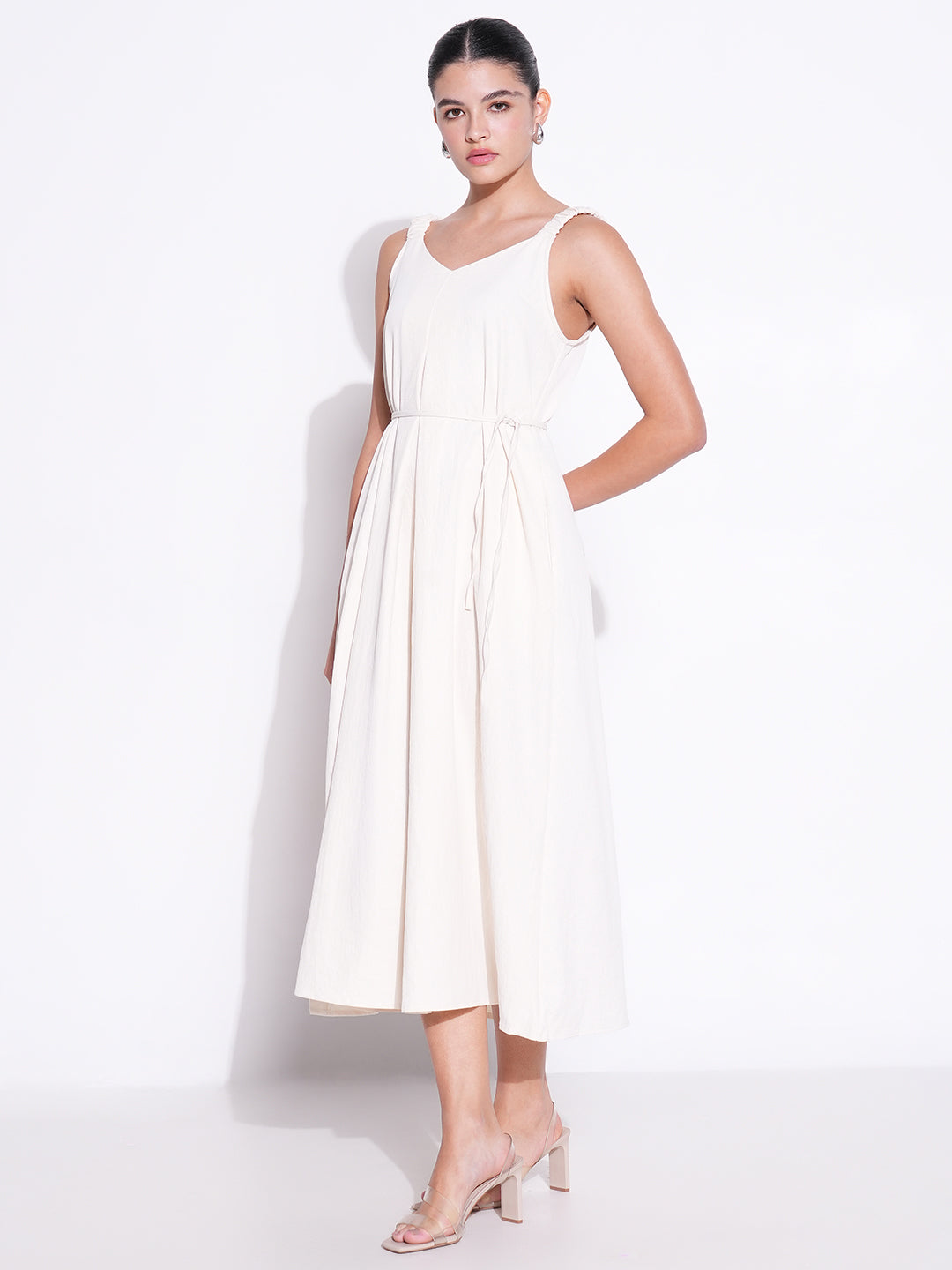 Ruched Shoulder Cream Slip On Dress with Waist Tie