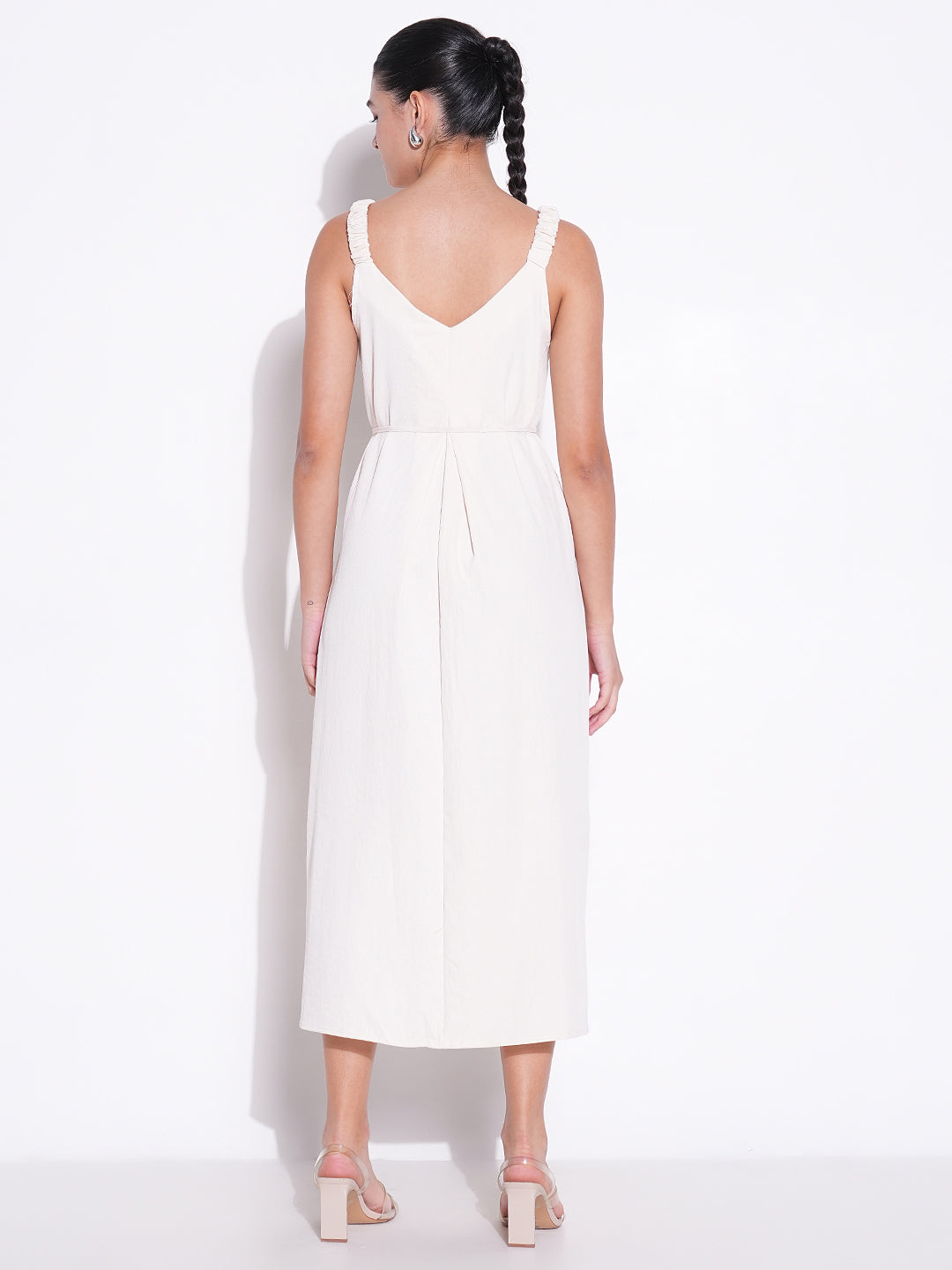 Ruched Shoulder Cream Slip On Dress with Waist Tie
