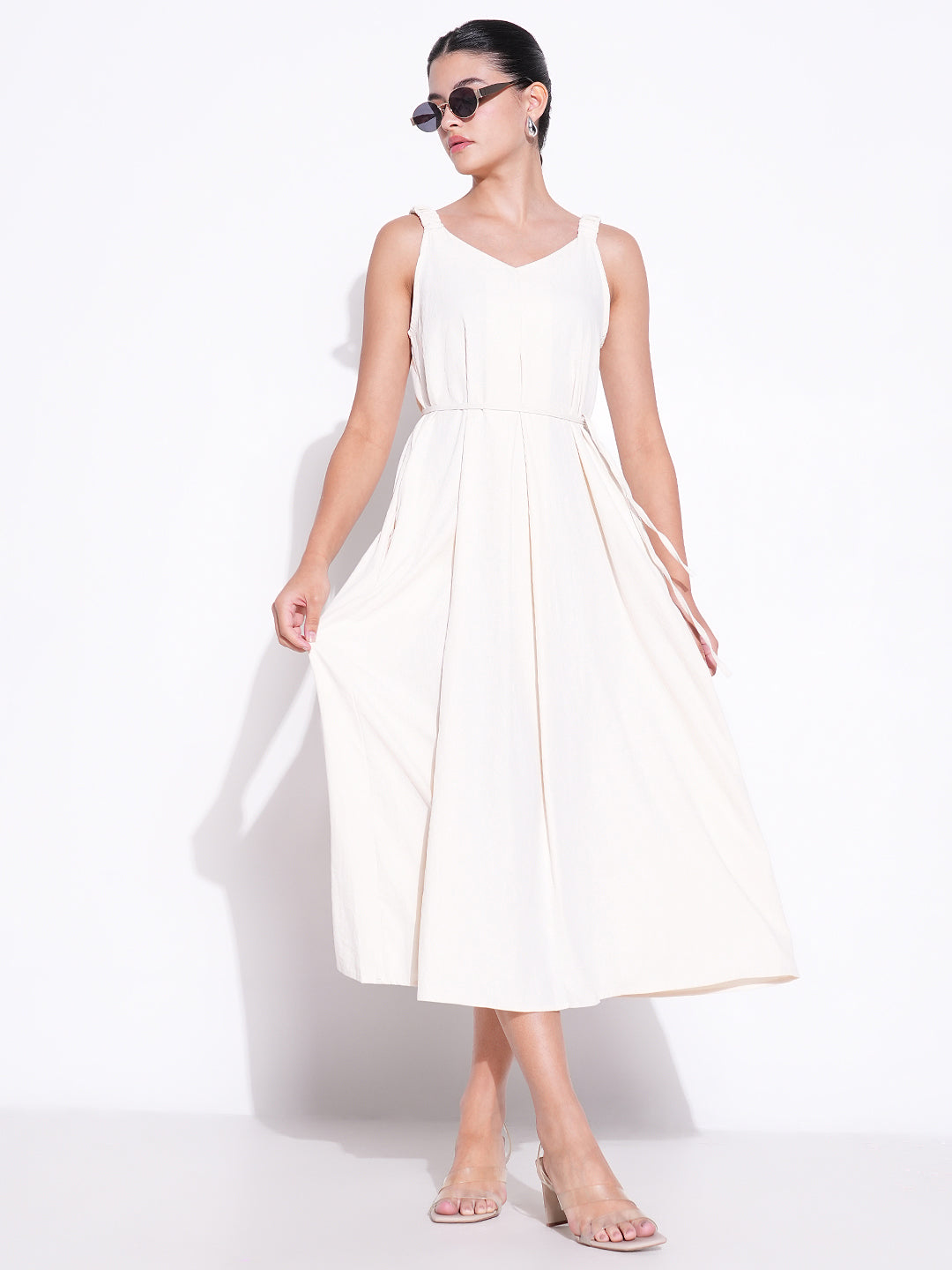 Ruched Shoulder Cream Slip On Dress with Waist Tie