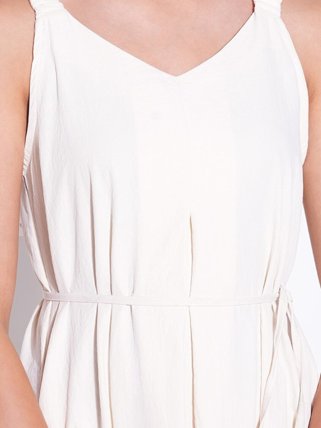 Ruched Shoulder Cream Slip On Dress with Waist Tie