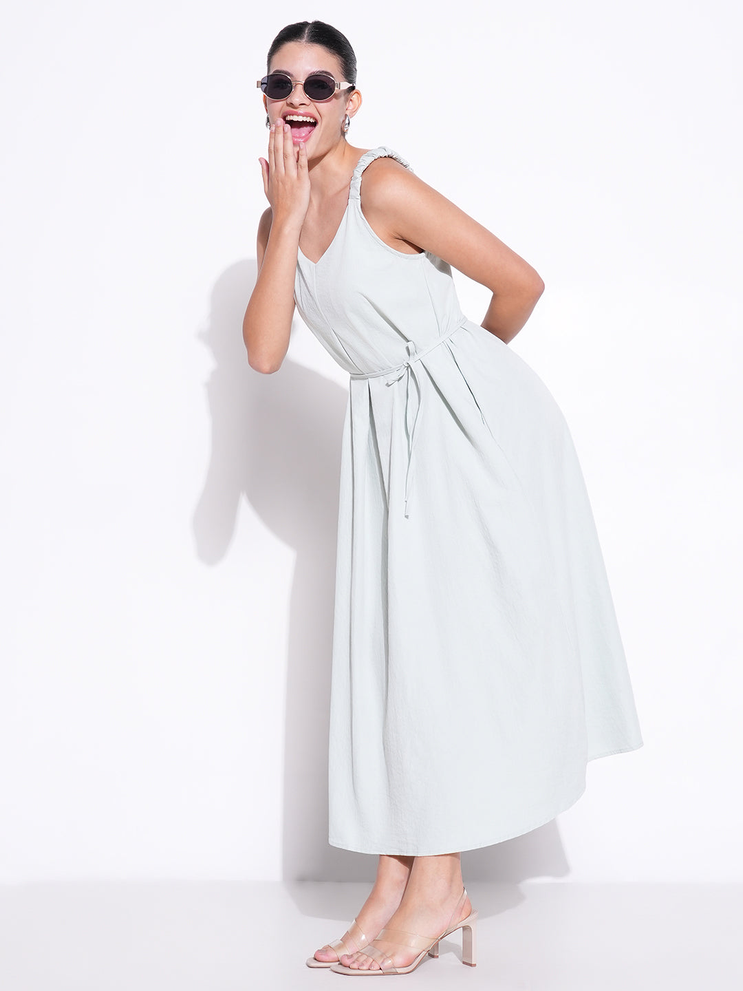 Ruched Shoulder Sea Green Slip On Dress with Waist Tie