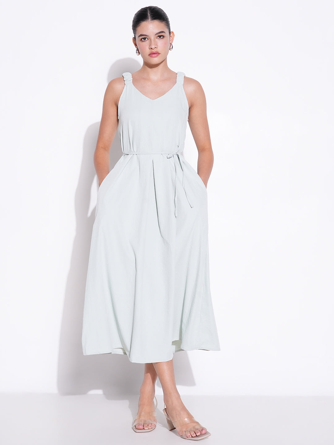 Ruched Shoulder Sea Green Slip On Dress with Waist Tie
