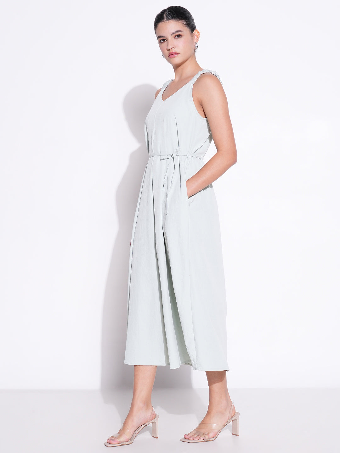 Ruched Shoulder Sea Green Slip On Dress with Waist Tie