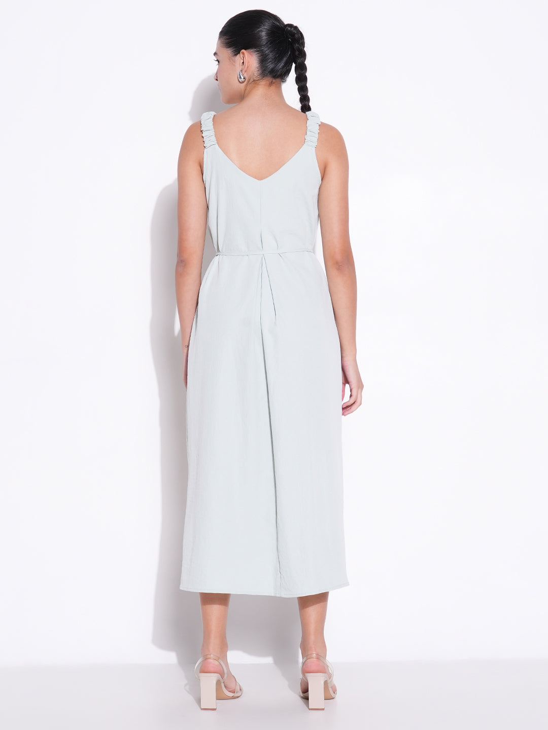 Ruched Shoulder Sea Green Slip On Dress with Waist Tie