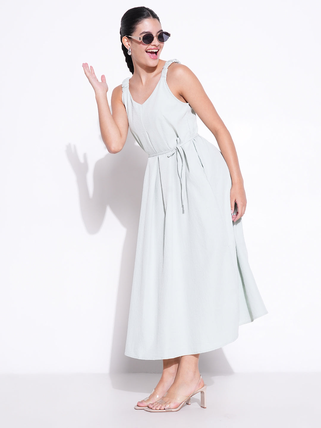 Ruched Shoulder Sea Green Slip On Dress with Waist Tie