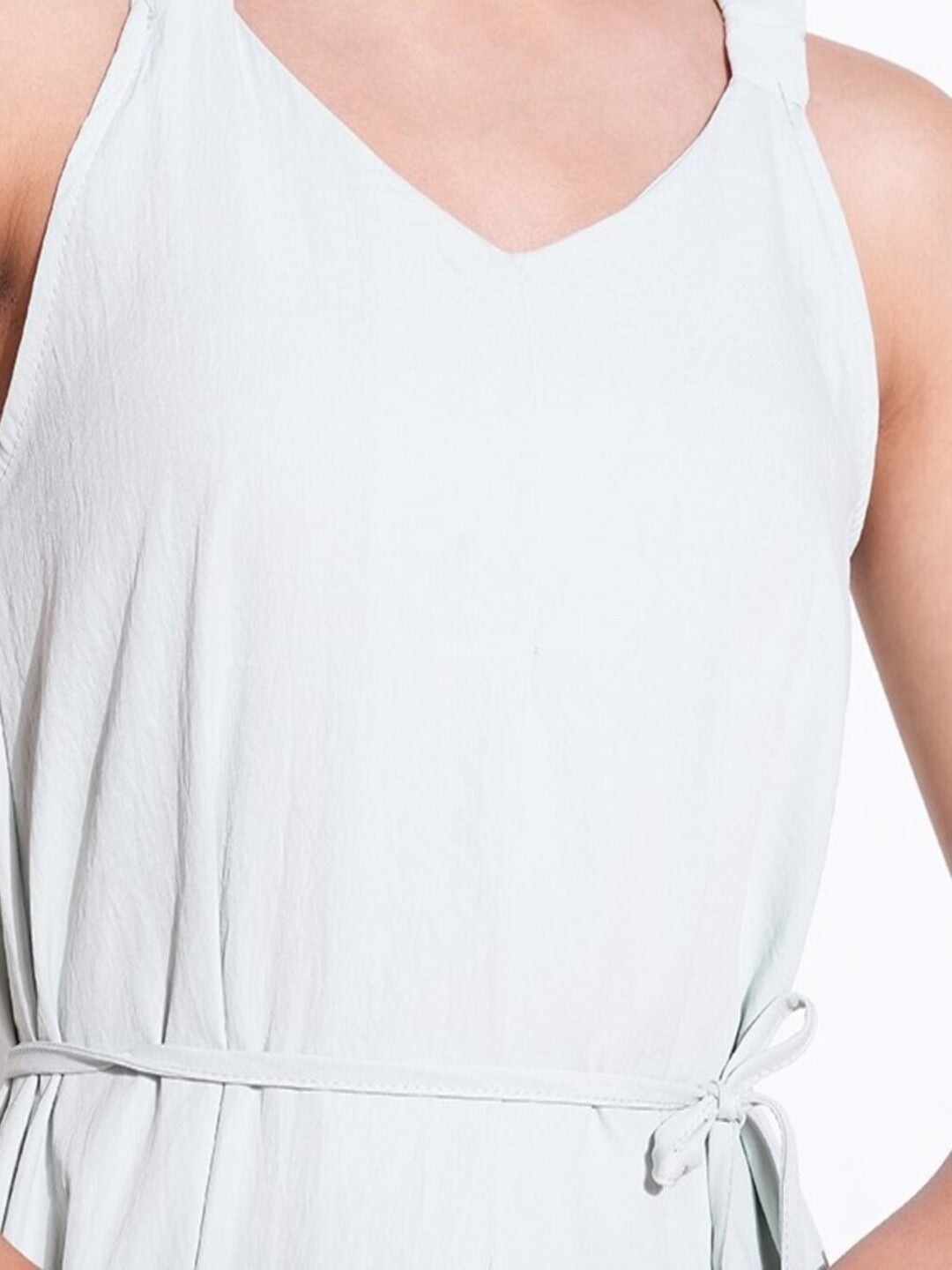 Ruched Shoulder Sea Green Slip On Dress with Waist Tie
