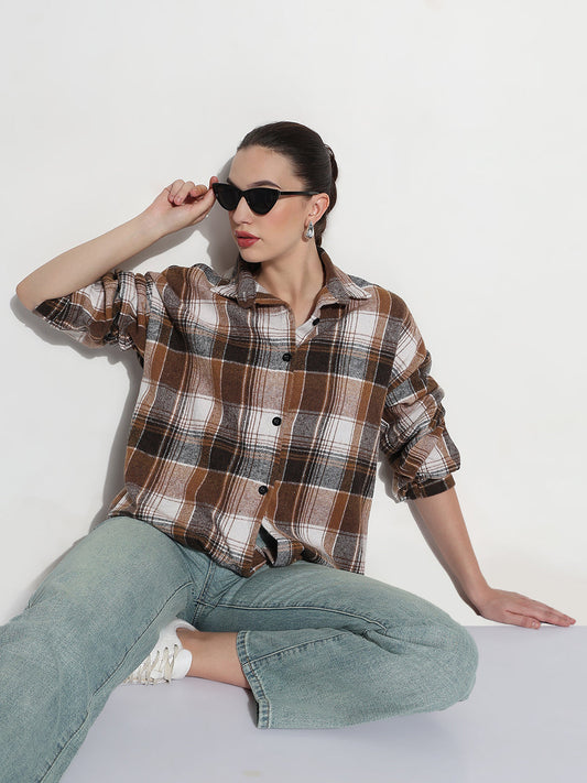 Women's Tartan Checks Brown Relaxed Fit Shirt