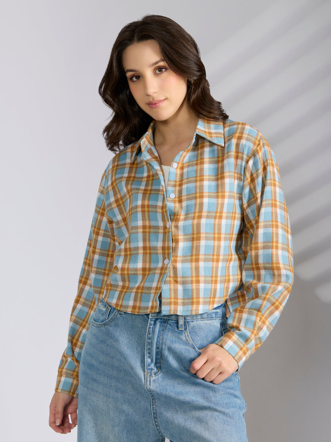Women's Checked Blue Spread Collar Oversized Shirts