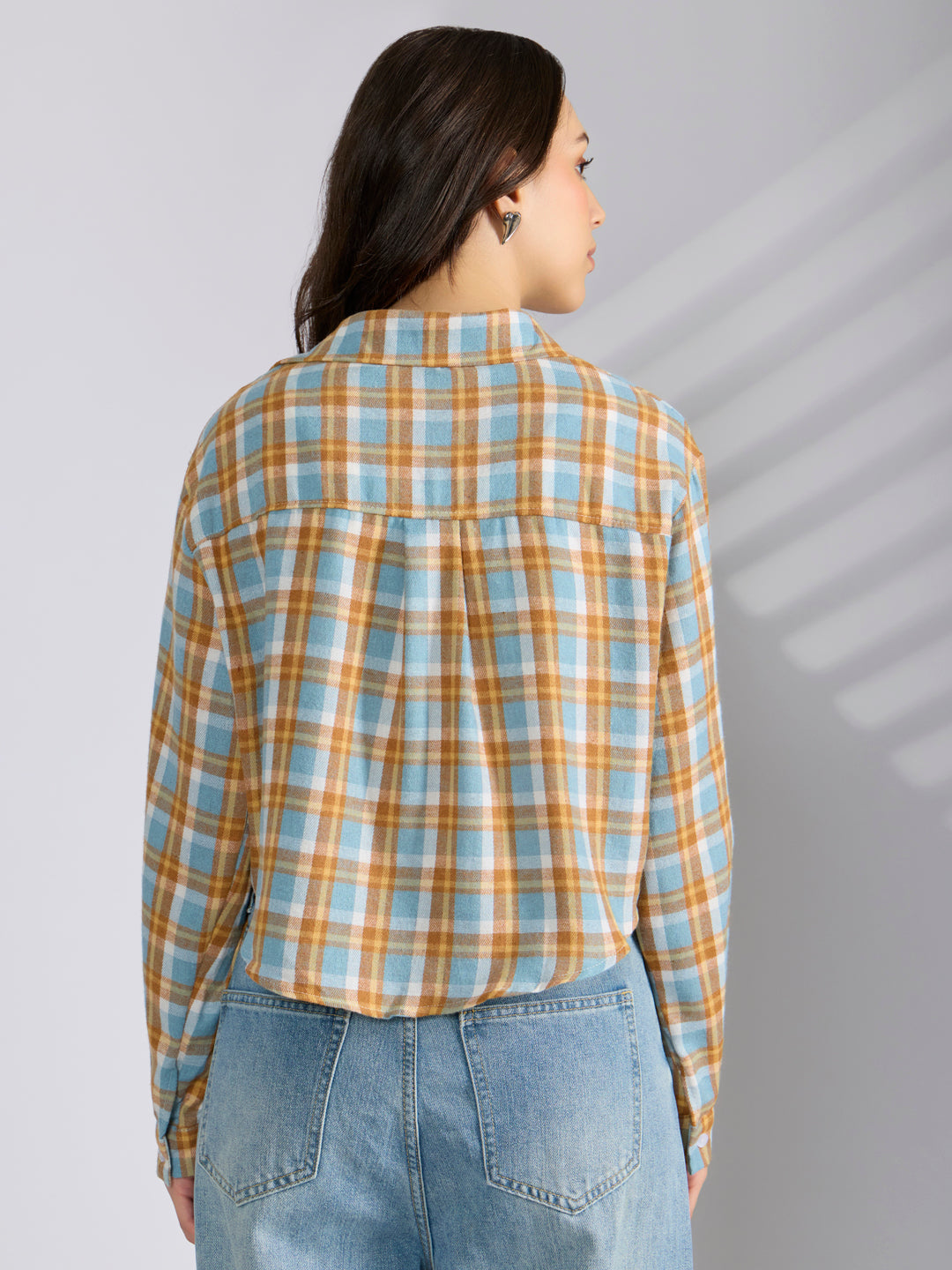 Women's Checked Blue Spread Collar Oversized Shirts