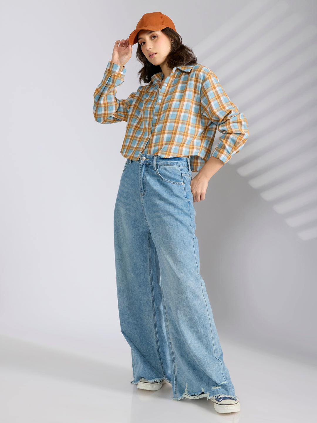 Women's Checked Blue Spread Collar Oversized Shirts
