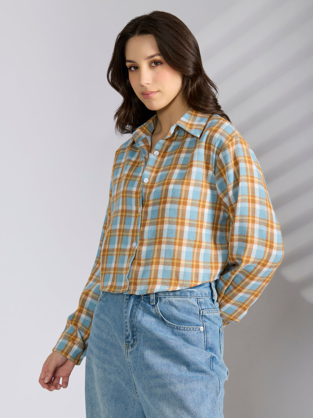 Women's Checked Blue Spread Collar Oversized Shirts