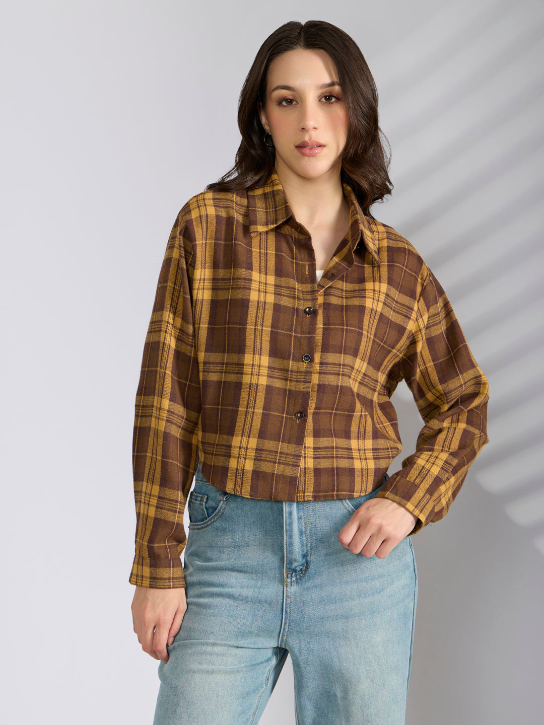 Women's Checked Mustard Spread Collar Oversized Shirts