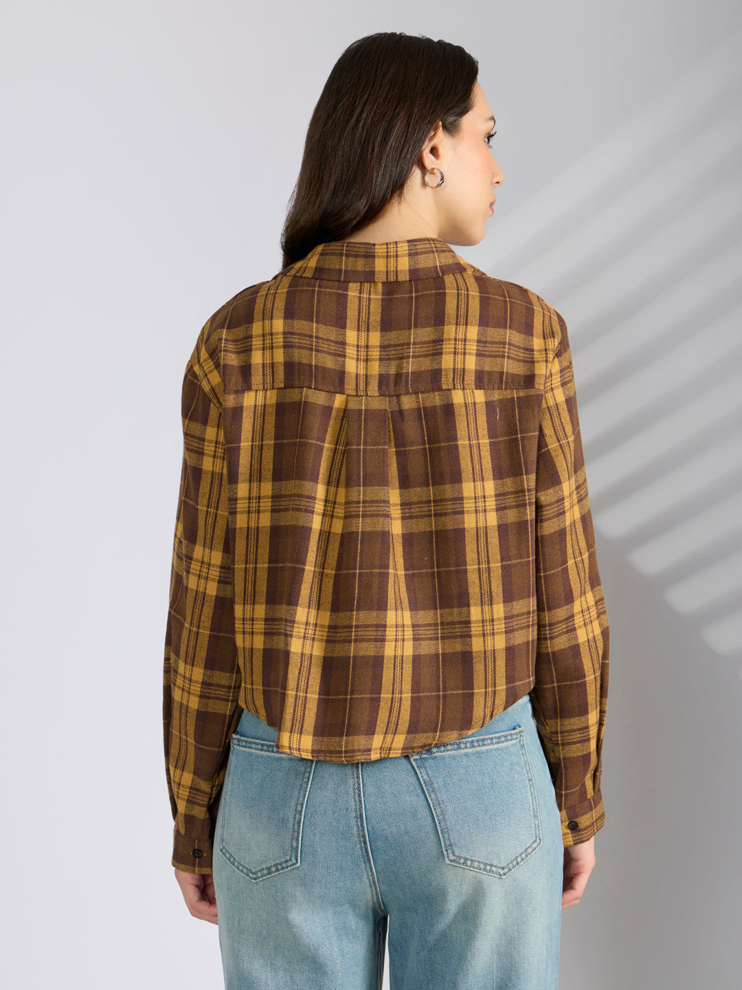 Women's Checked Mustard Spread Collar Oversized Shirts