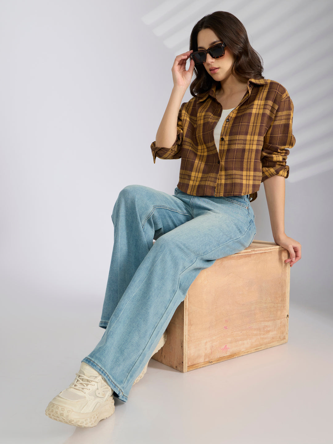 Women's Checked Mustard Spread Collar Oversized Shirts