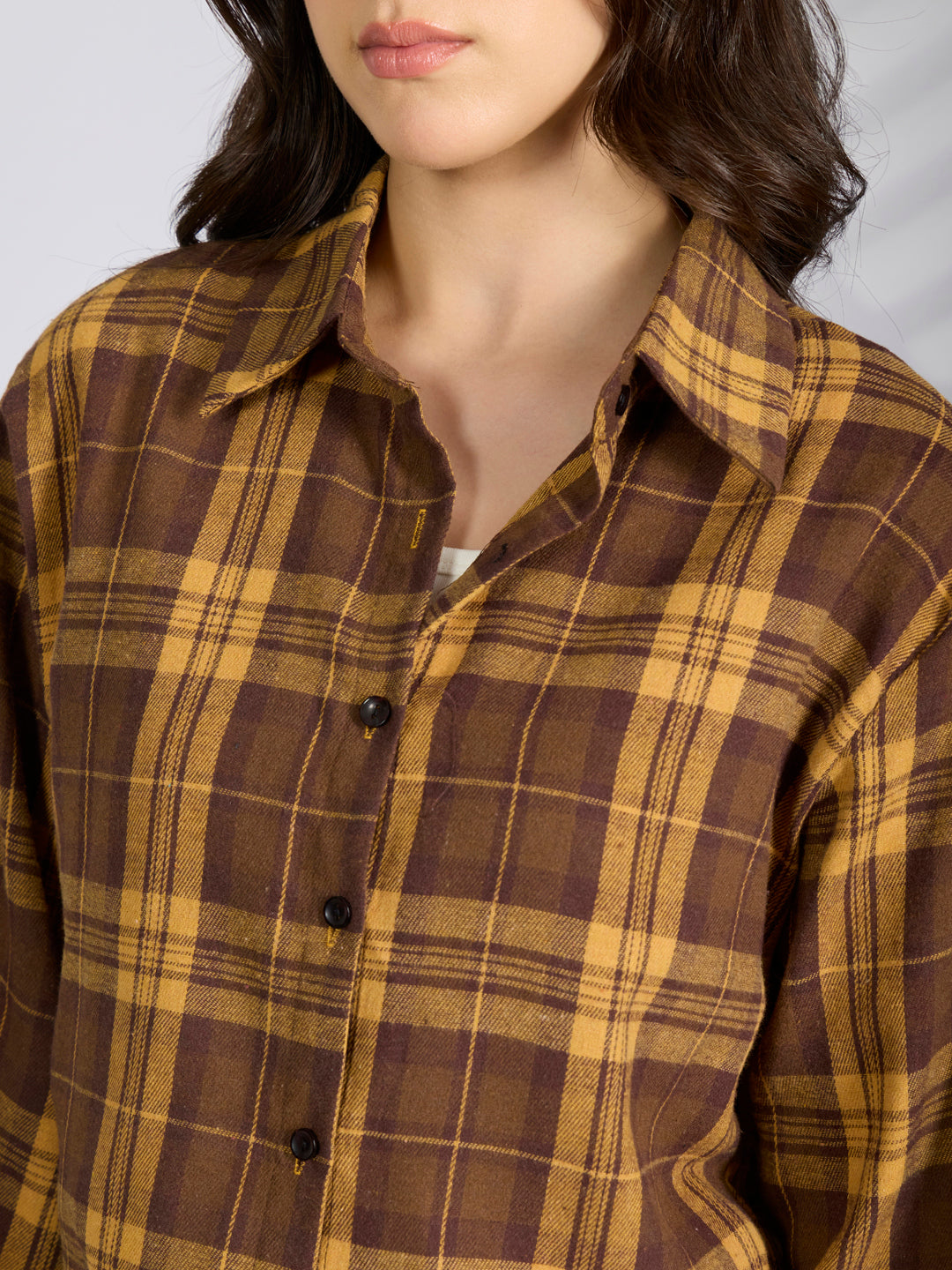 Women's Checked Mustard Spread Collar Oversized Shirts