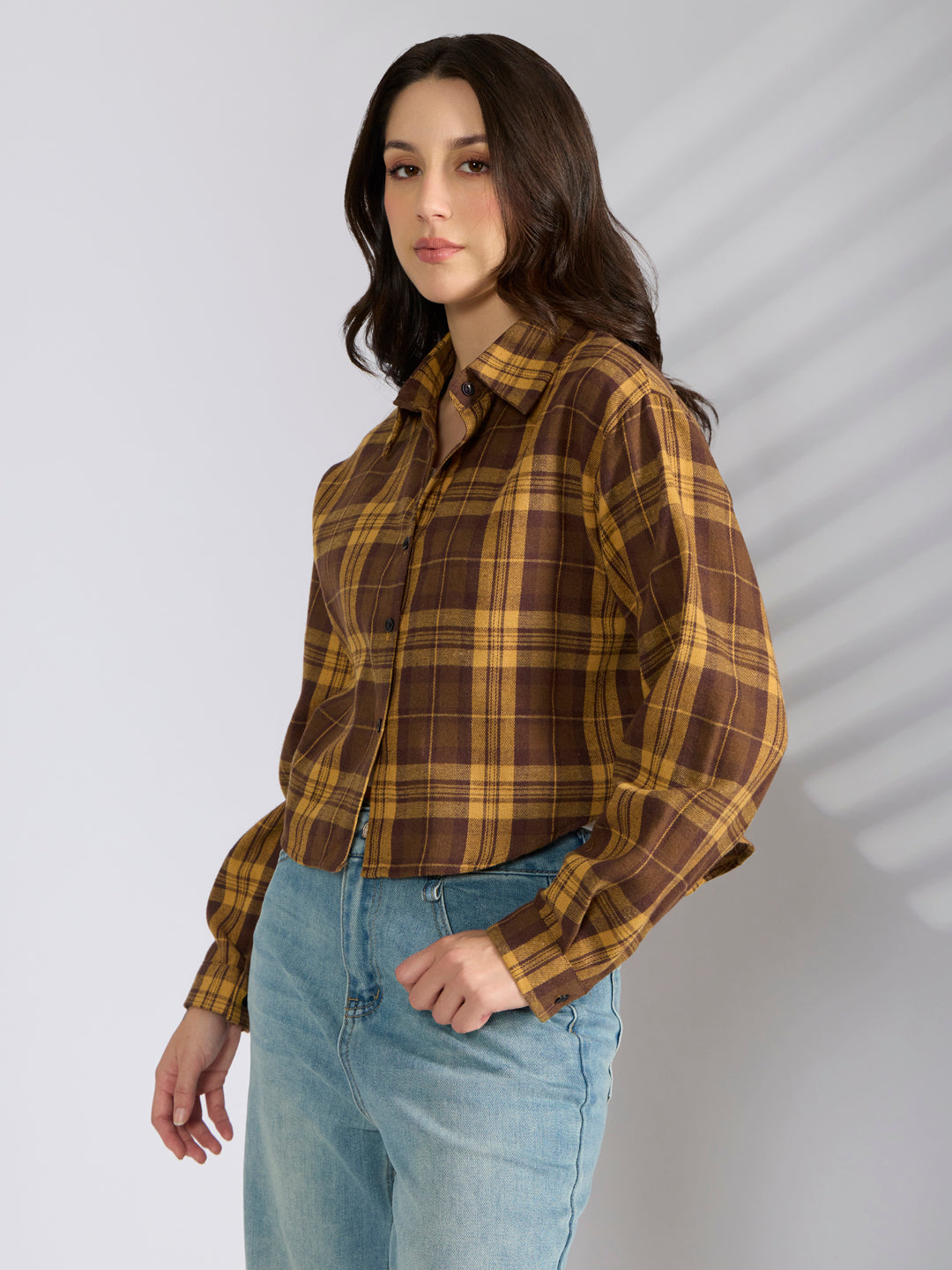 Women's Checked Mustard Spread Collar Oversized Shirts