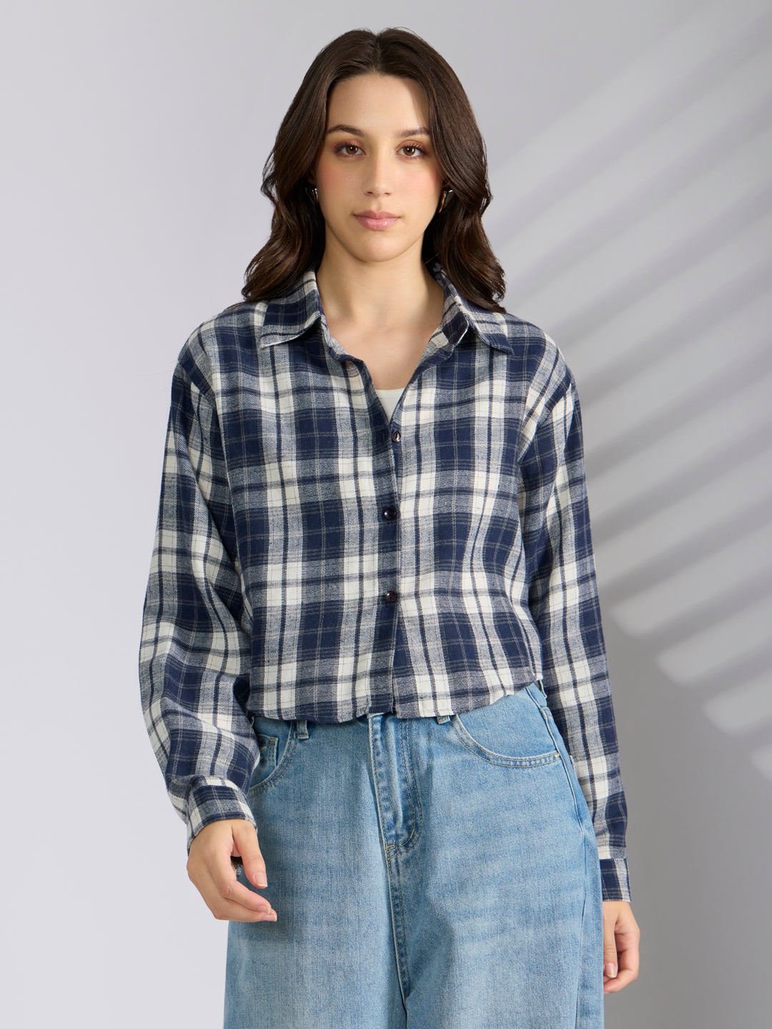 Women's Checked Navyblue Spread Collar Oversized Shirts
