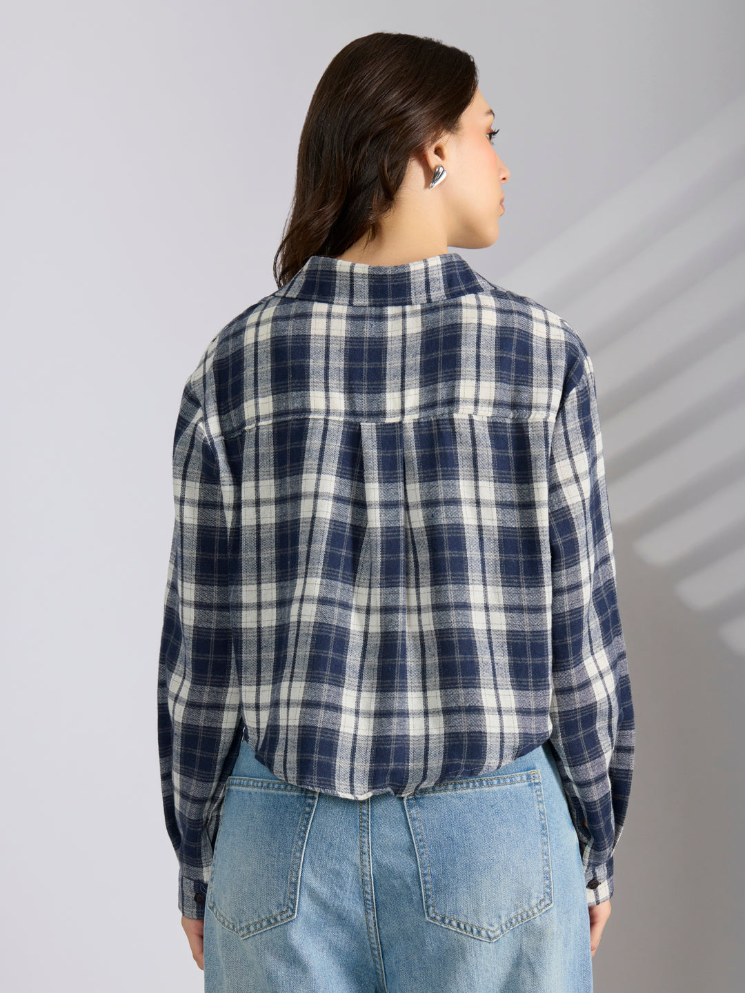 Women's Checked Navyblue Spread Collar Oversized Shirts