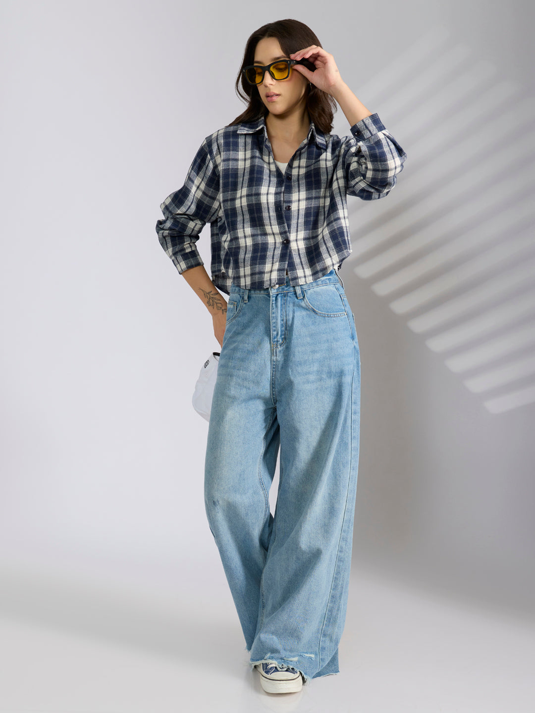 Women's Checked Navyblue Spread Collar Oversized Shirts