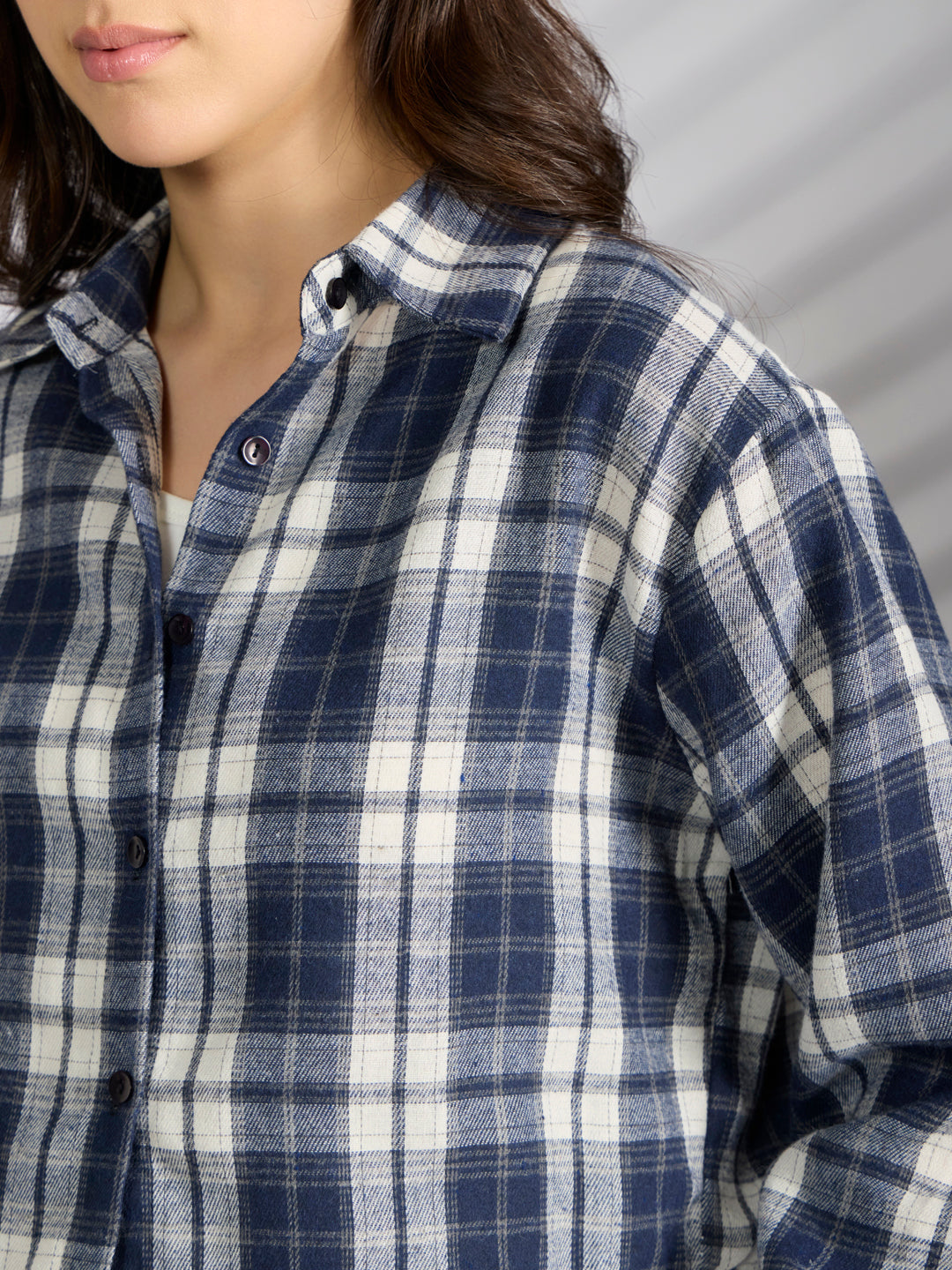 Women's Checked Navyblue Spread Collar Oversized Shirts
