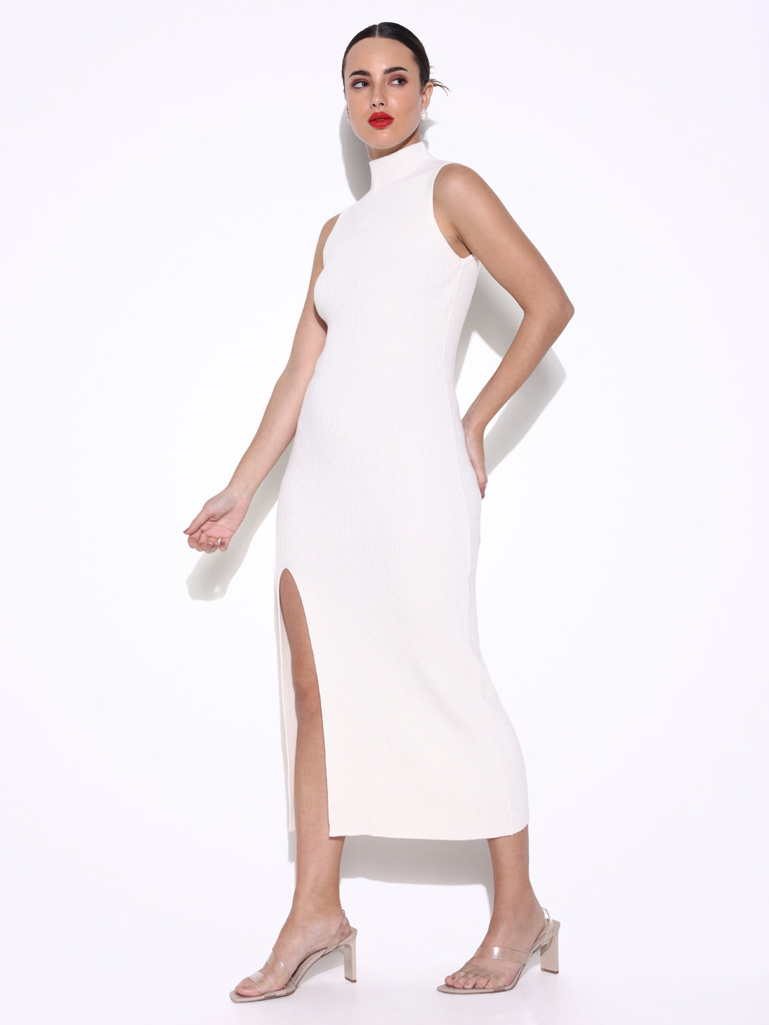 Off White Ribbed Bodycon Midi Dress with Front Thigh Slit