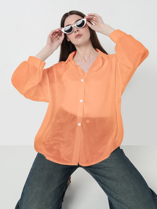 Women's Orange Relaxed Fit Semi Sheer Shirt