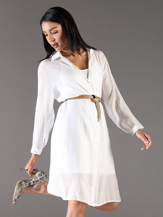 White Shirt Collar Semi Sheer Shirt Dress