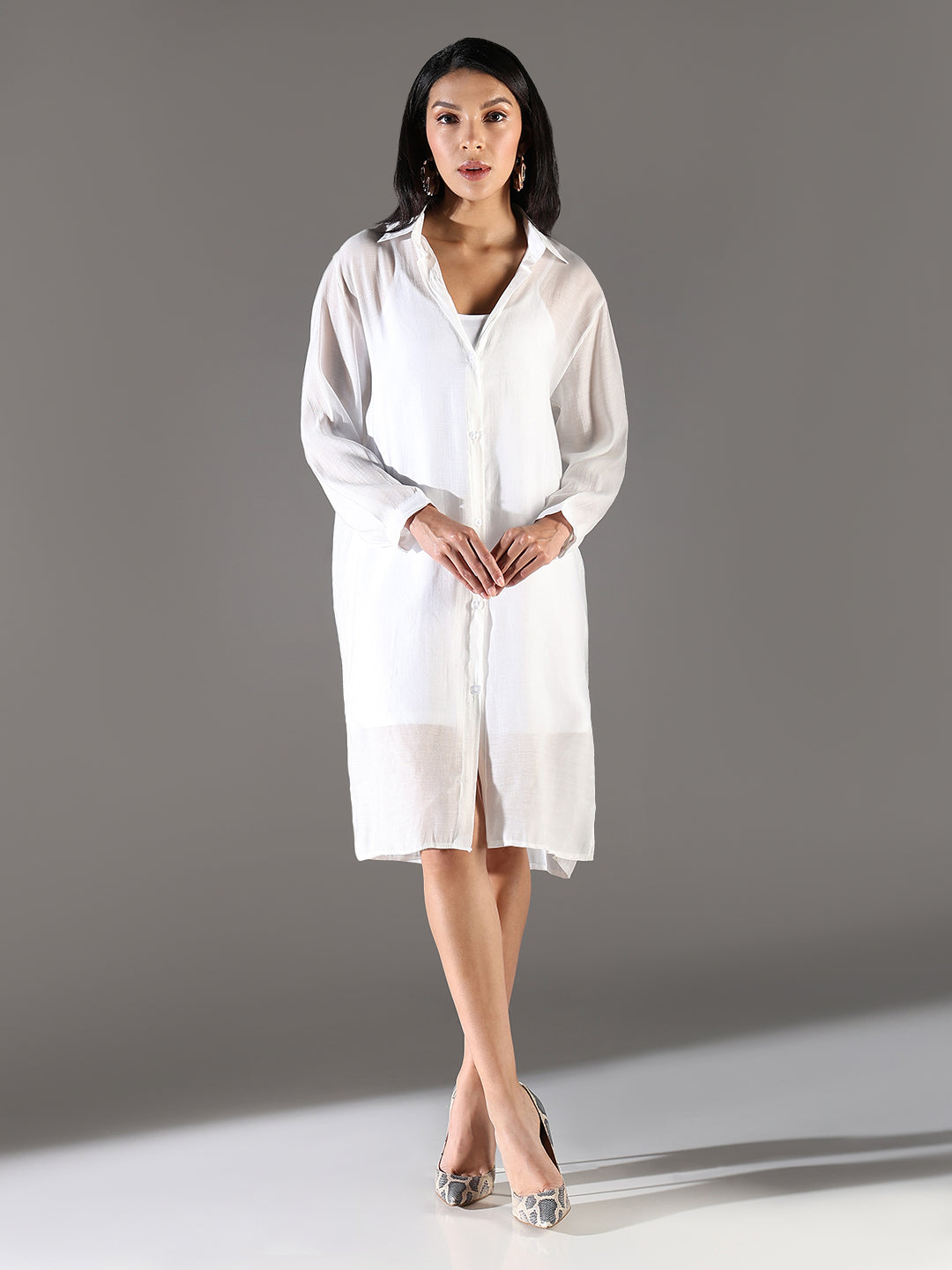 White Shirt Collar Semi Sheer Shirt Dress